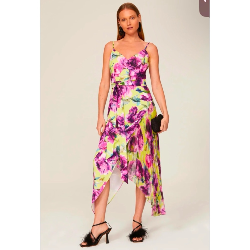 EUC Badgley Mischka Multicolored Pleated Dress Size 8 Yellow Purple High Low